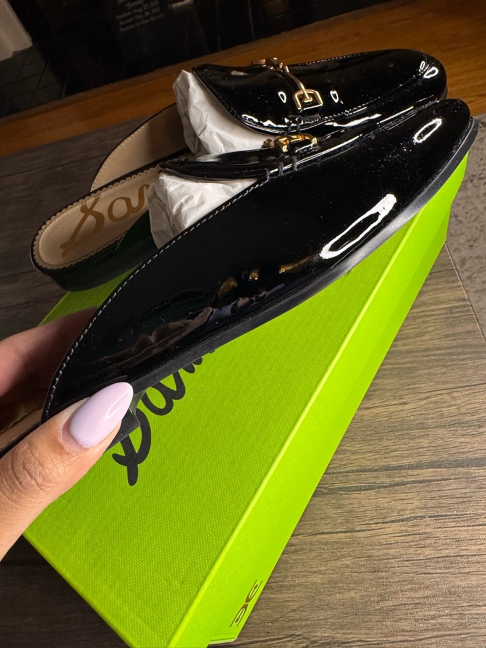 Sam Edelman Black Patent Slip-On Mule with Gold Bit - Picture 4 of 6